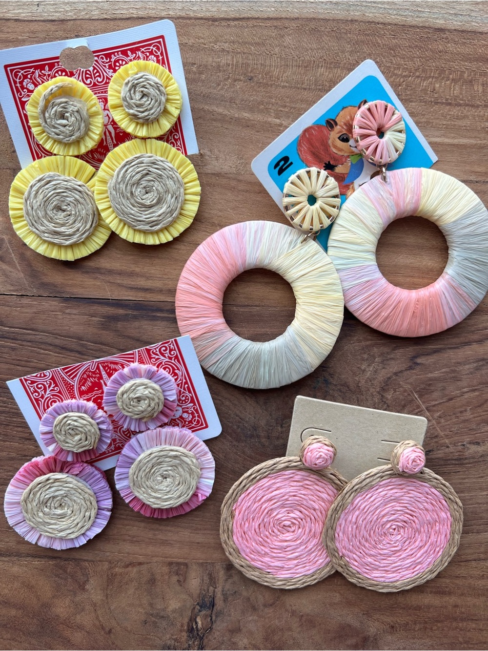 NWT 4 pairs of new earrings Multicolor Raffia Hoop Earrings Pink, Yellow, Cream